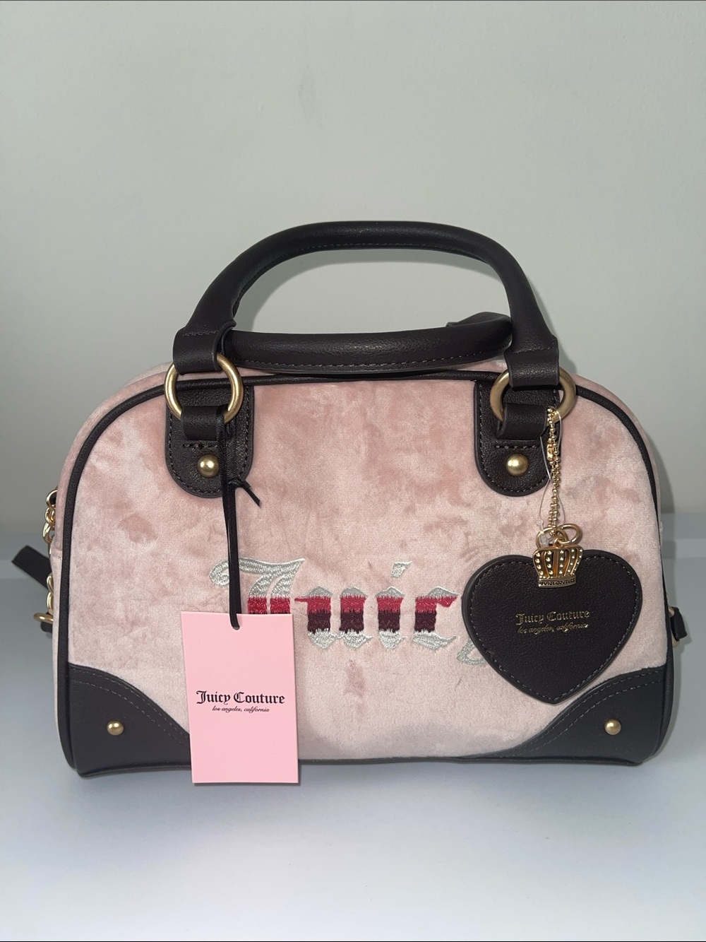 Juicy Couture Pink Velvet Satchel with Brown Trim and Gold Charm